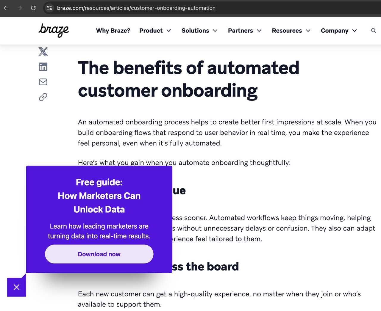 Screenshot of a Braze webpage discussing the benefits of automated customer onboarding, featuring key information and a prominent guide offer to combine email marketing and SEO.