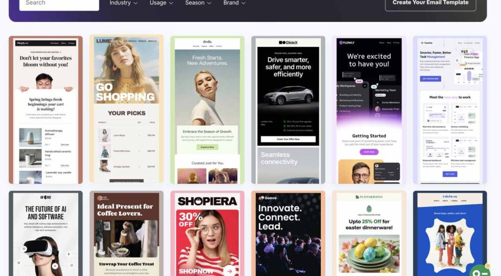 A collage showcasing various email templates designed for different industries, featuring colorful layouts and engaging calls to action.