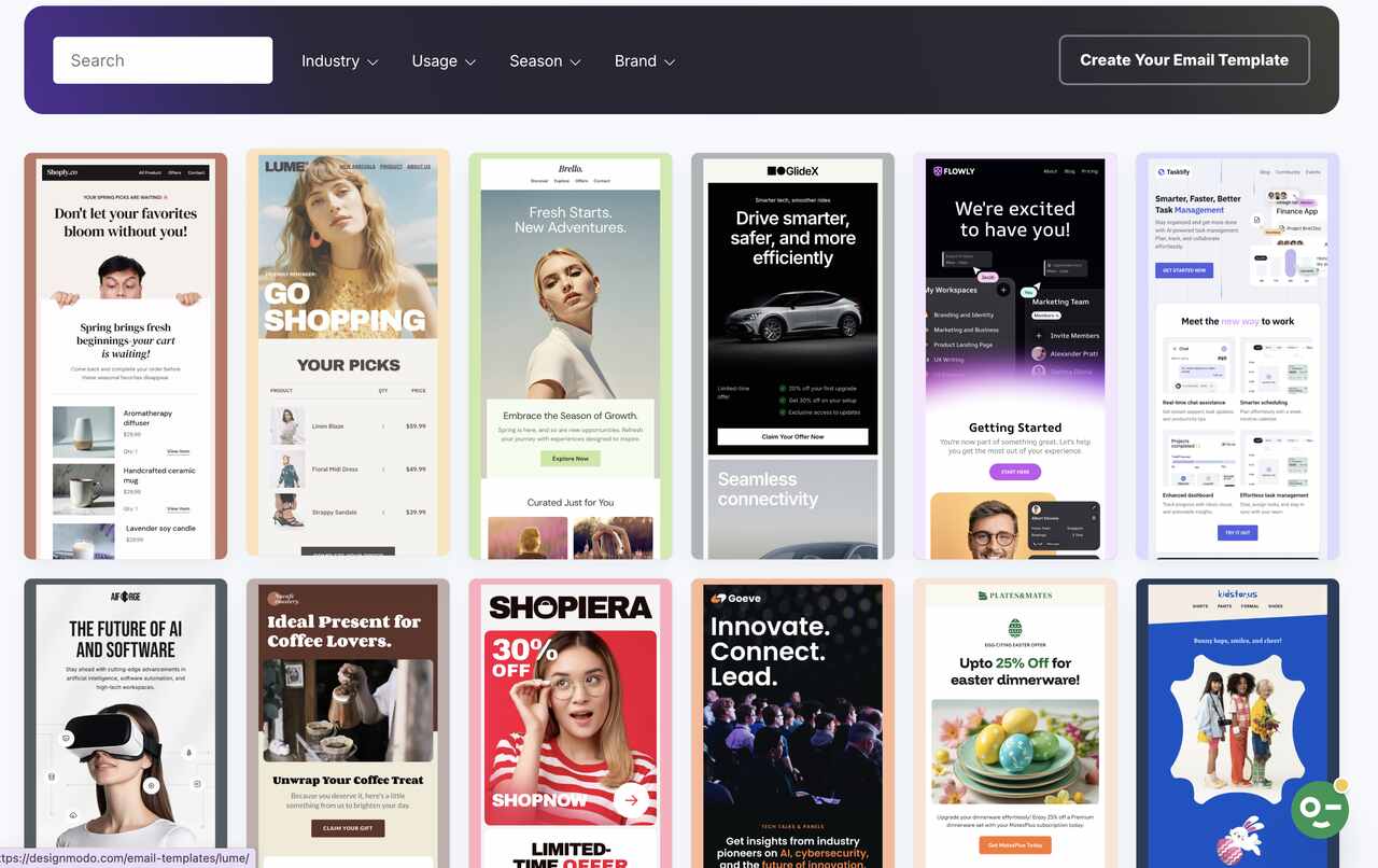 A collage showcasing various email templates designed for different industries, featuring colorful layouts and engaging calls to action.