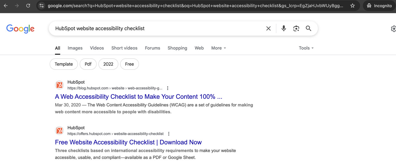 Screenshot of a Google search for "HubSpot website accessibility checklist," showing links to resources on web accessibility.