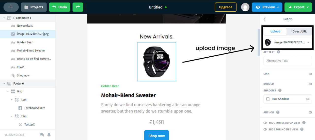 uploading an image to the email design in Postcards
