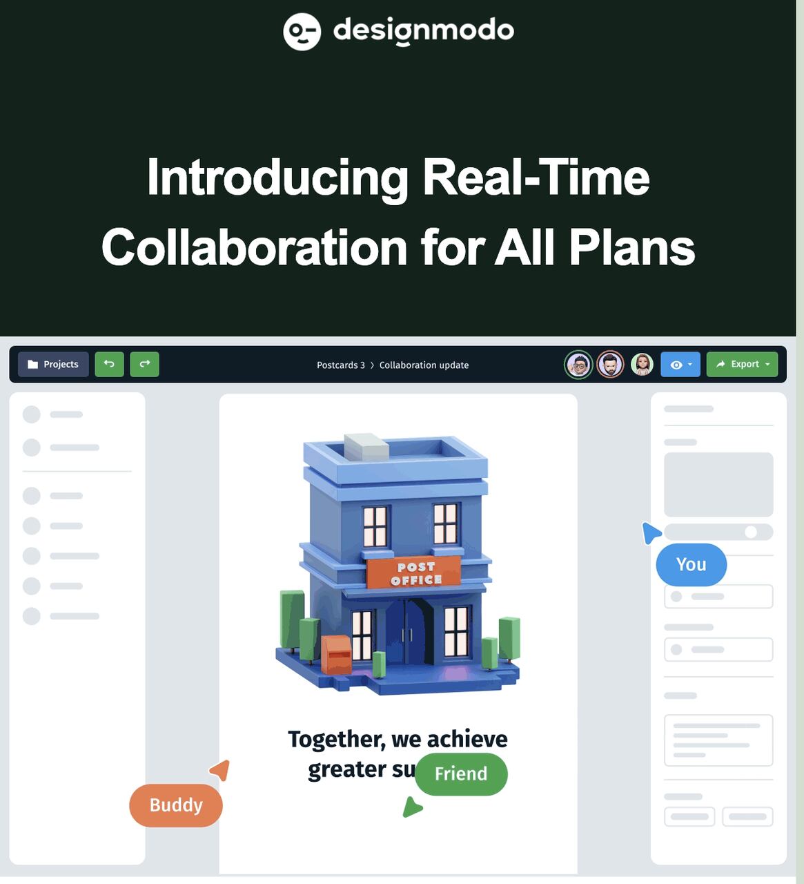 Graphic promoting Designmodo's real-time collaboration feature, showcasing a blue post office model with collaboration messages.