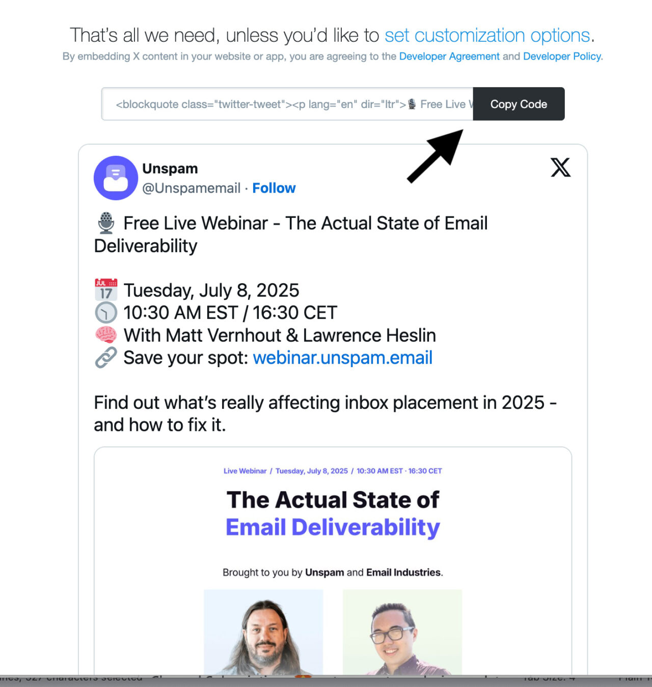 copying a social media post's code to embed it in emails