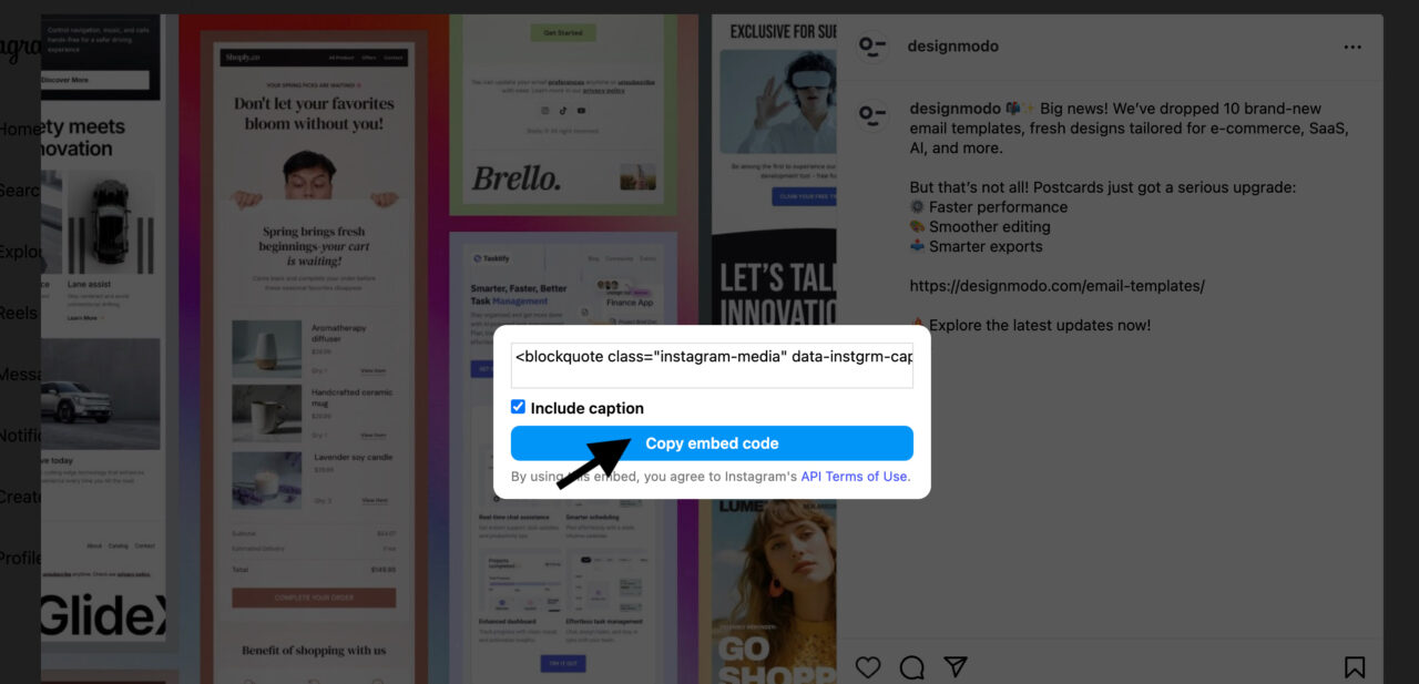 Copying an instagram post's custom code
