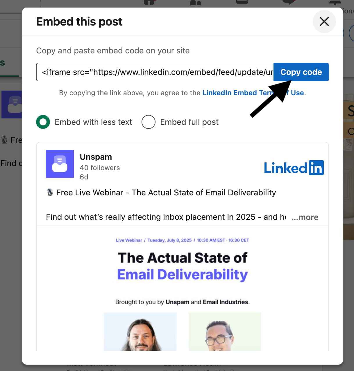 copying the code of a linkedin post