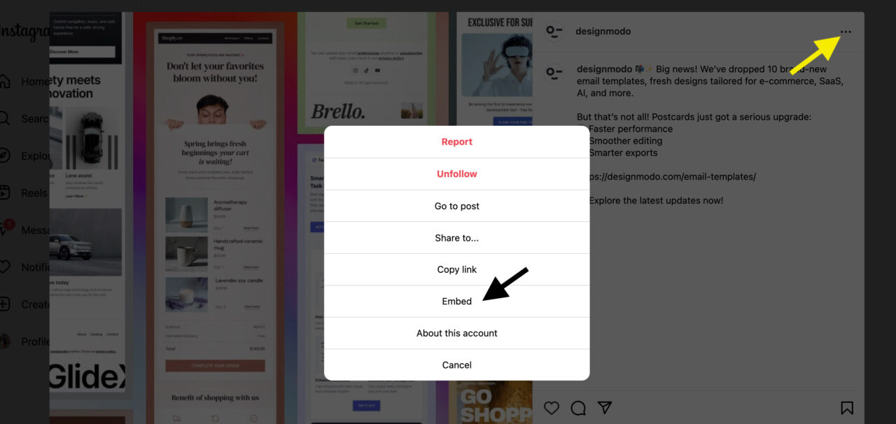 Choosing the embed option in Instagram