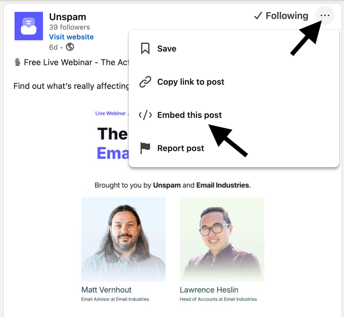 choosing the embed this post option on linkedin post