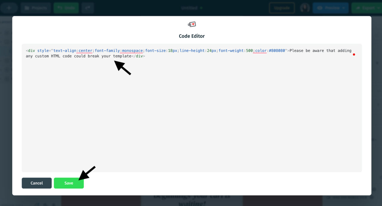 Saving a custom code in postcards email editor