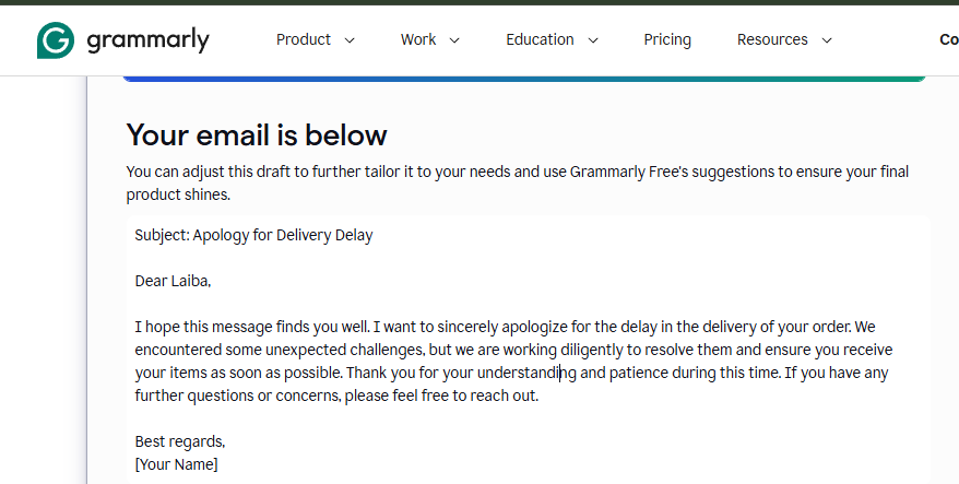 AI generated email example by Grammarly