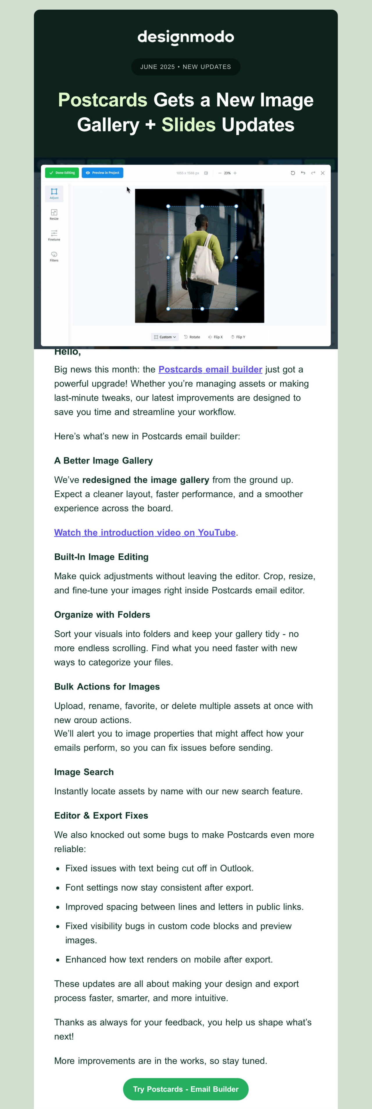 Designmodo product update email in light mode