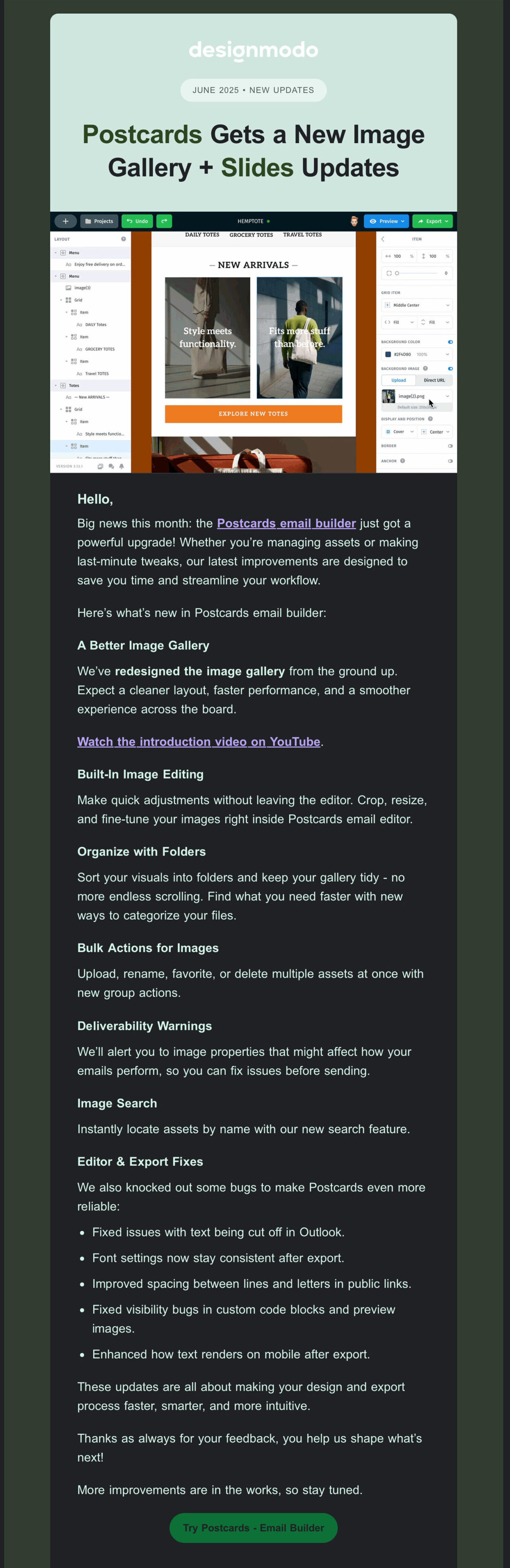 Designmodo product update email in dark mode