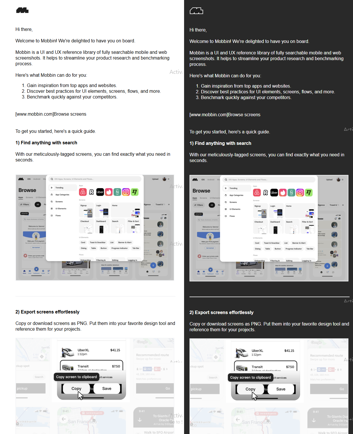 comparison of Mobbin's email template in light mode dark mode