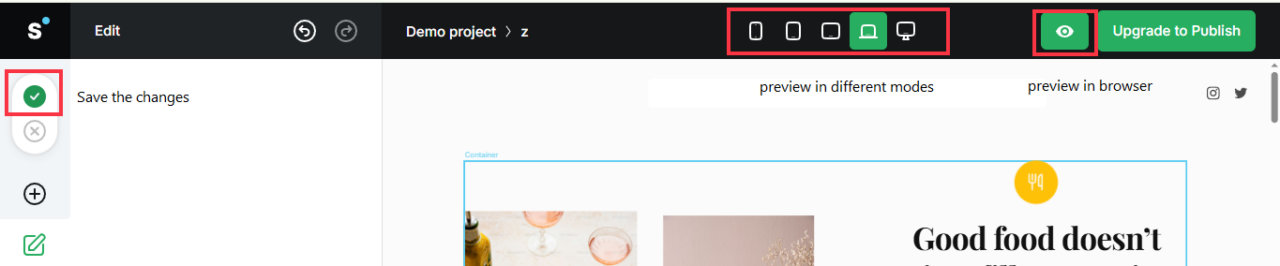 save and preview options in Slides by Designmodo