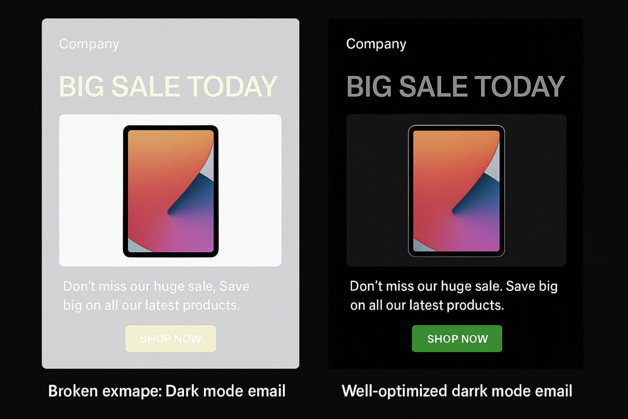 comparison of a broken dark mode email and well-optimized dark mode email
