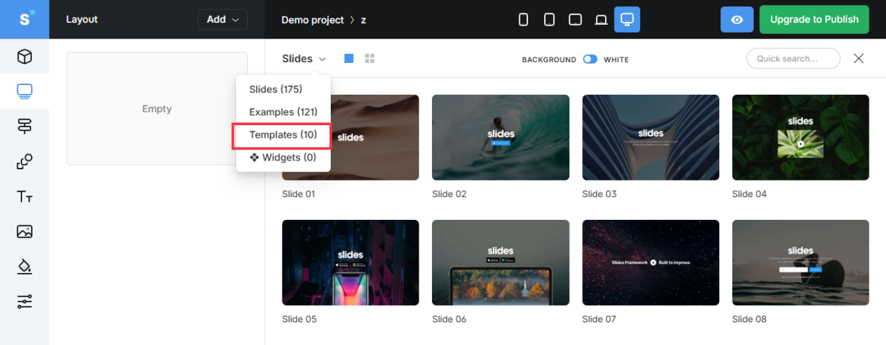 animated website template selection in Slides by Designmodo