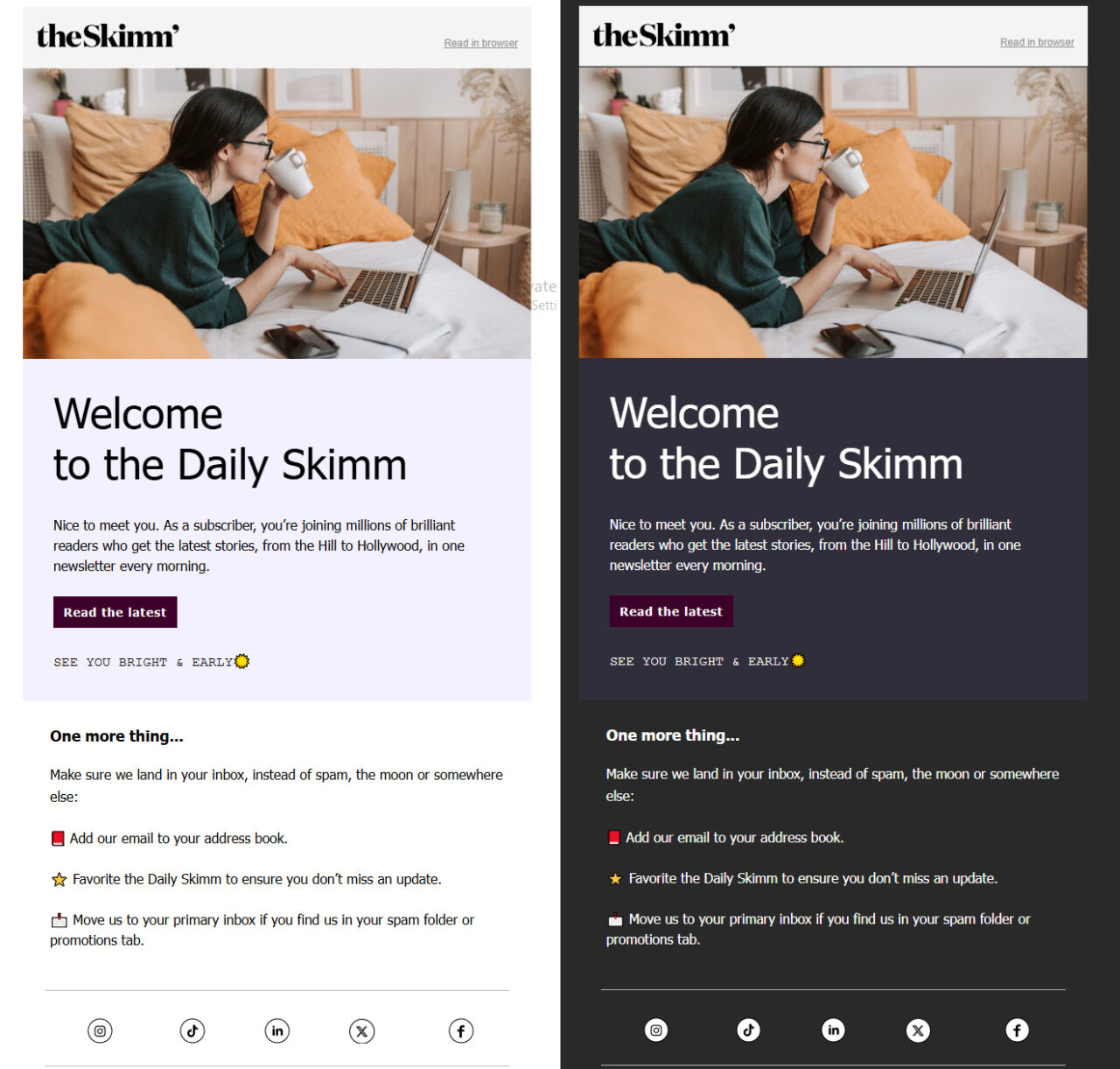 comparison of the Skimss' email in the light mode and dark mode