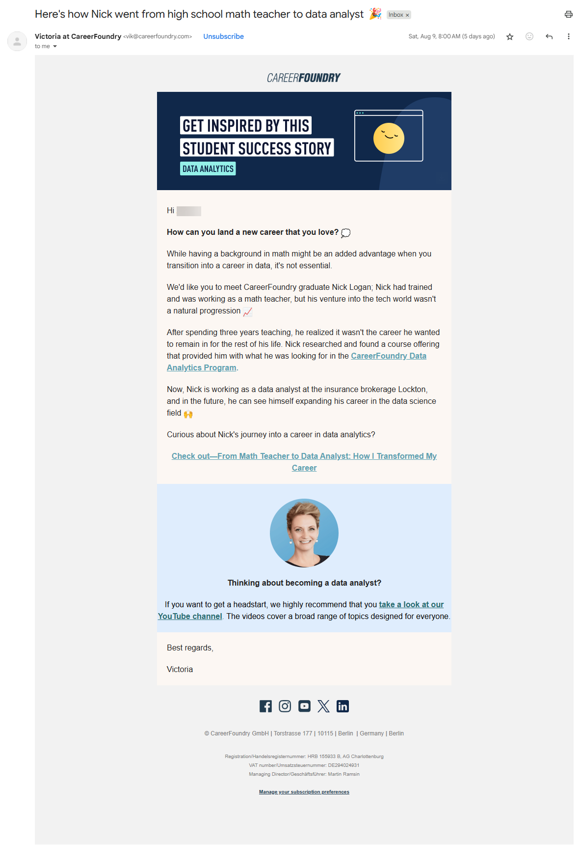 Career Foundry's good email example