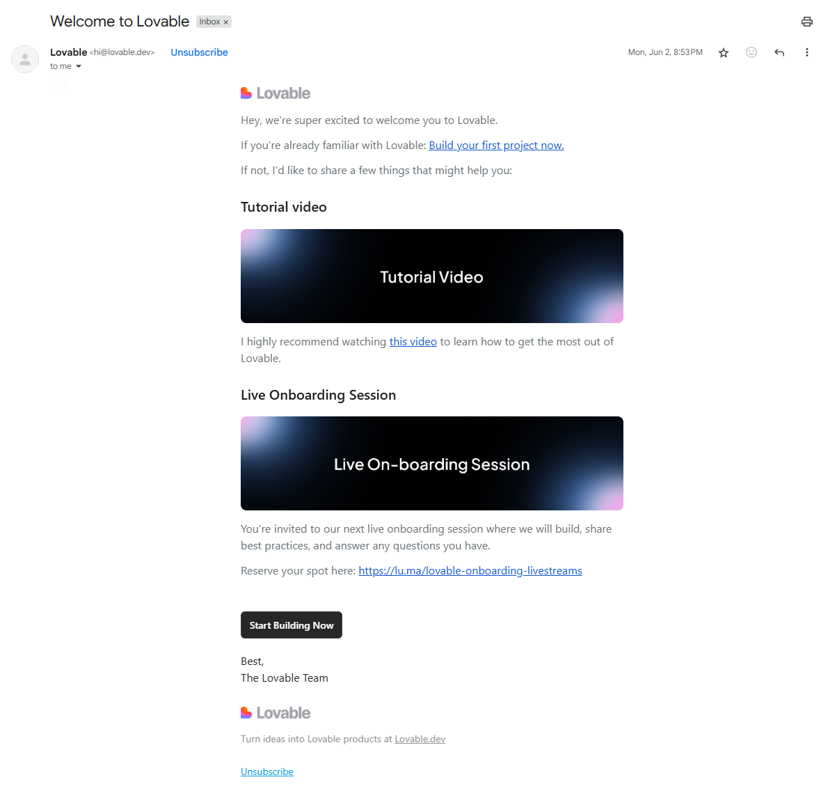 Lovable's good email example