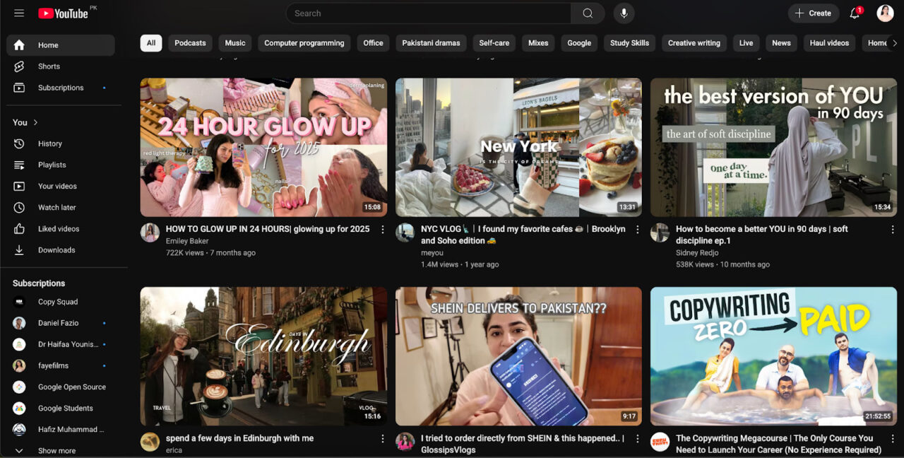 YouTube design as an example to the dark mode websites