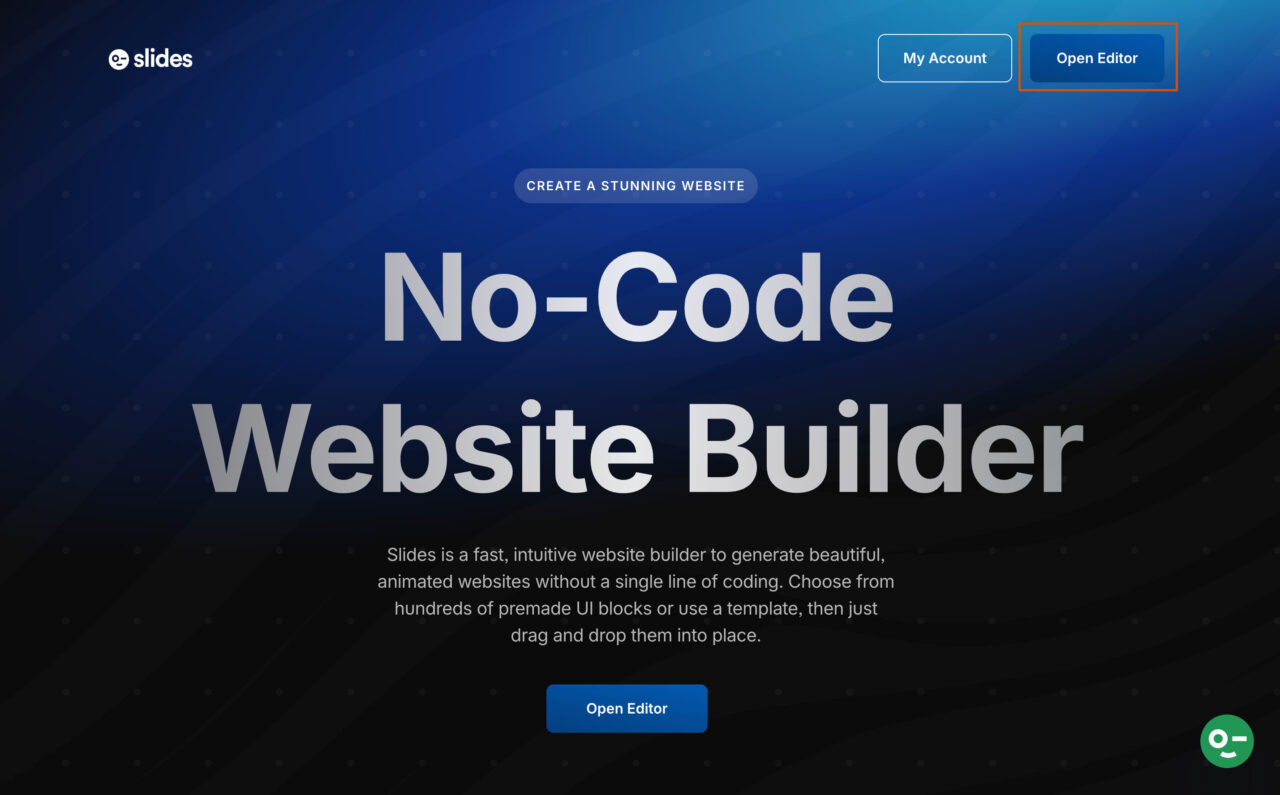 Designmodo Slides, the no-code website builder's landing page
