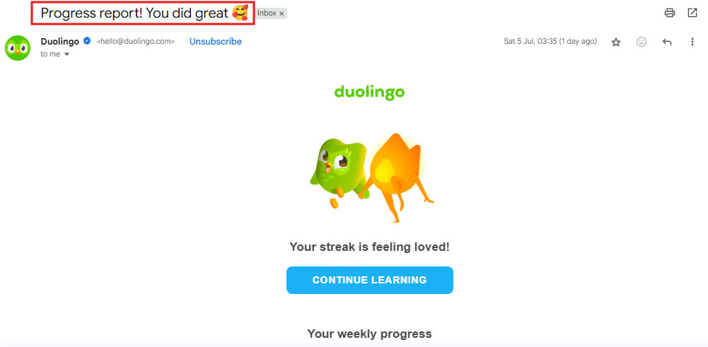 Duolingo's email subject line example