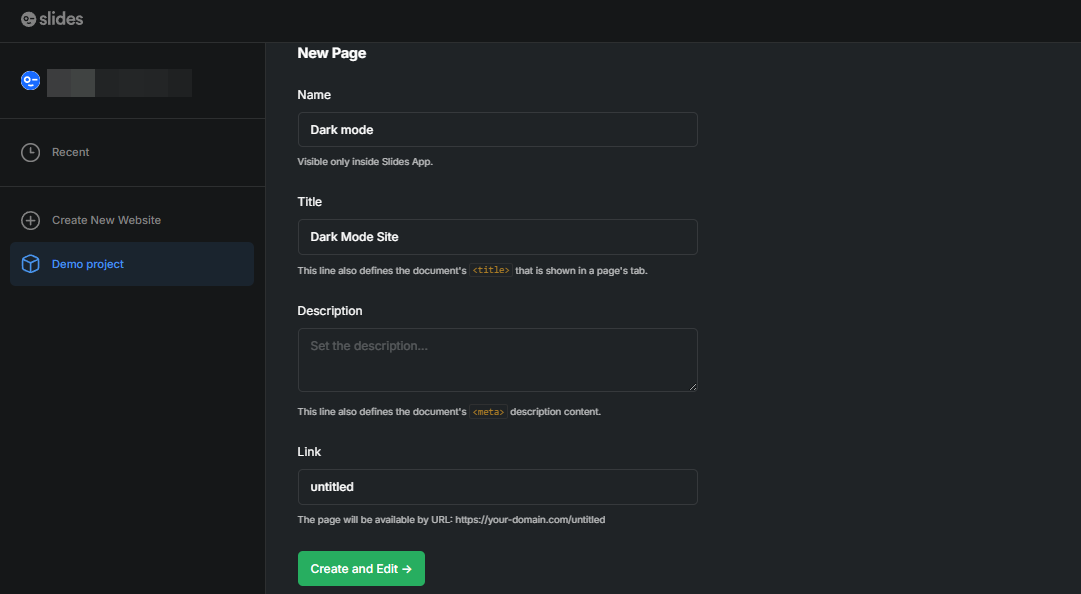 new web page configuration in Slides by Designmodo
