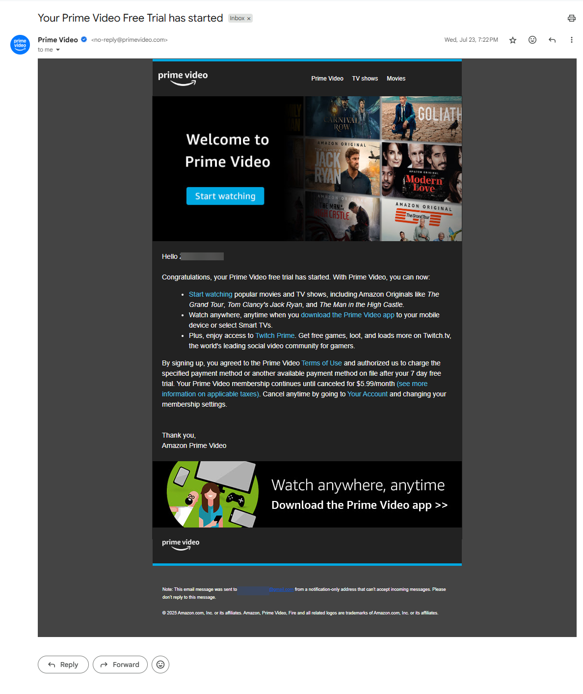 Prime Video's good email example
