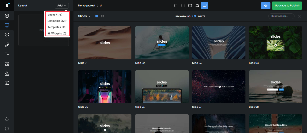 Web page template selection screen in Slides by Designmodo