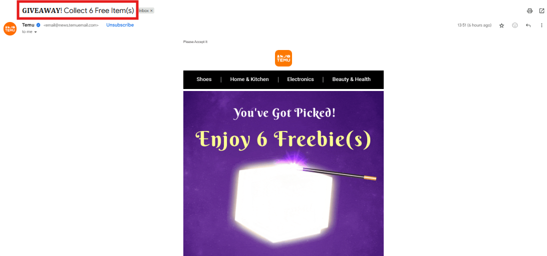 Temu's email subject line example