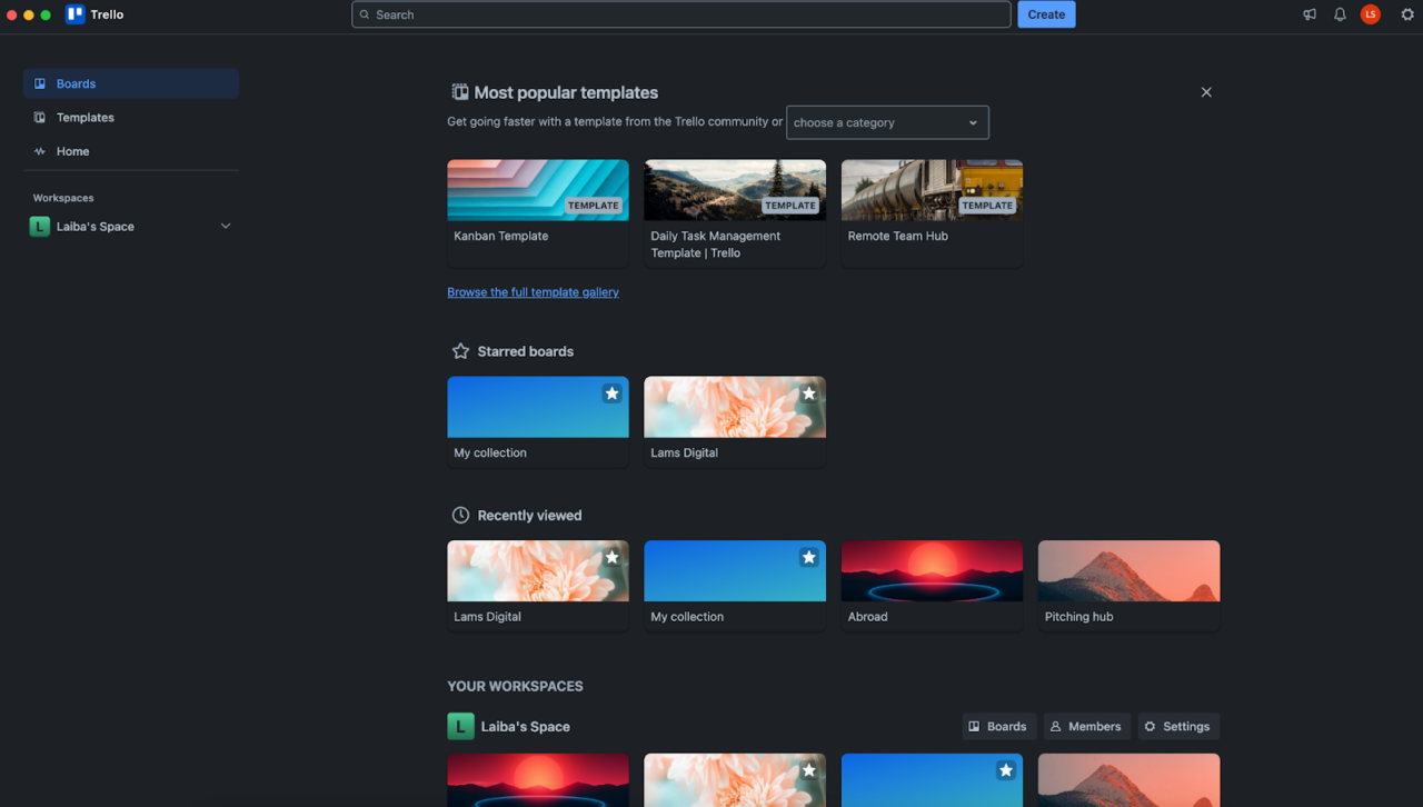 Trello web app design as an example to the dark mode websites