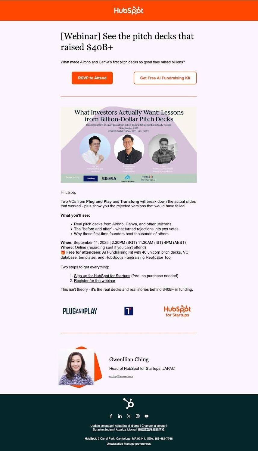 HubSpot's webinar invitation email