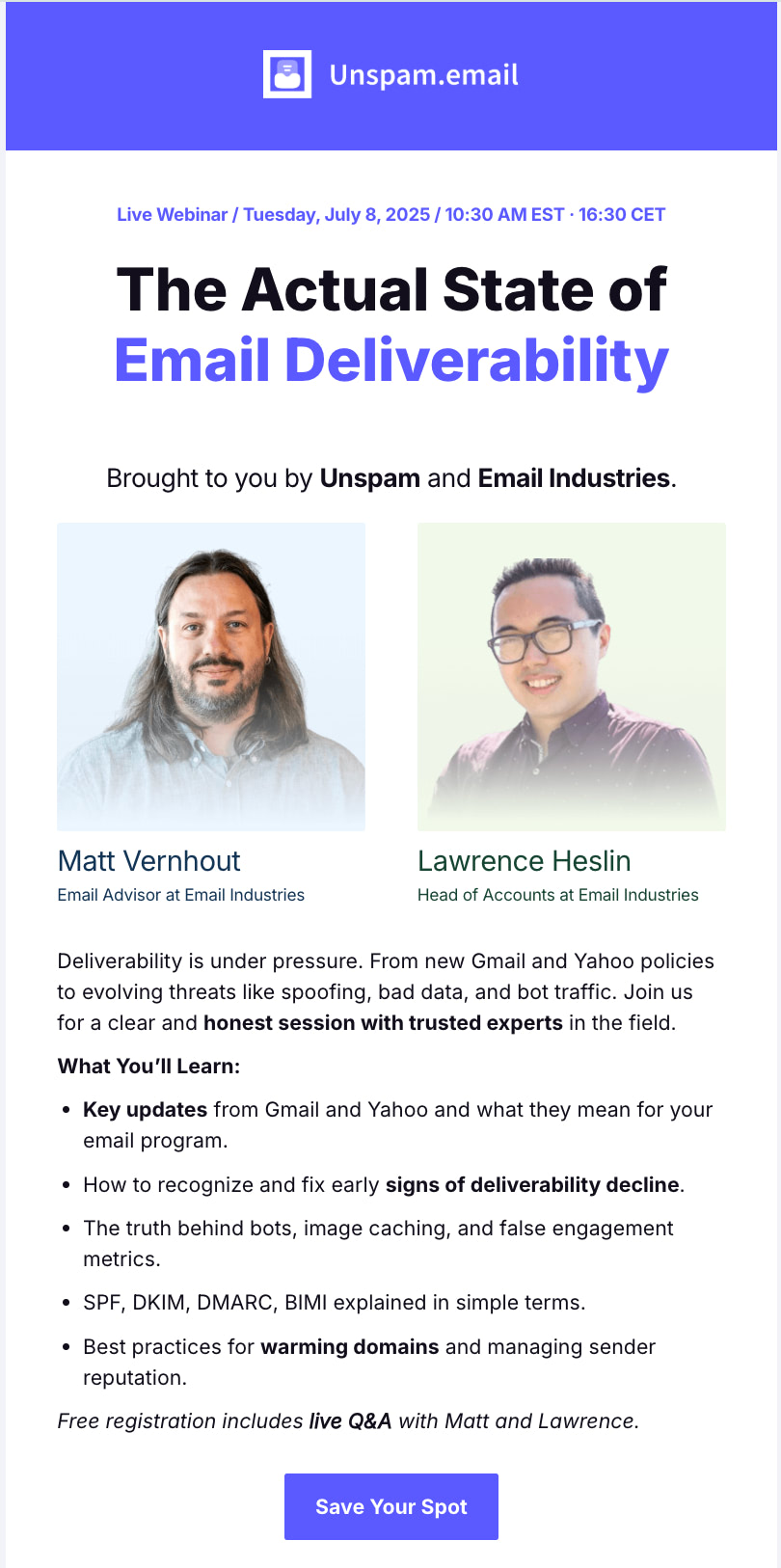 Unspam.email's free webinar invitation email