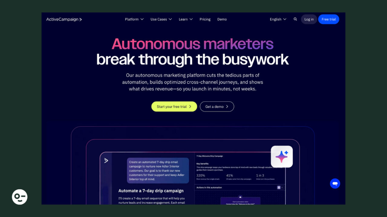 ActiveCampaign's homepage as showing it's an email marketing platform
