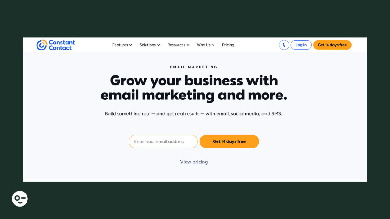 Constant Contact's homepage as showing it's an email marketing platform