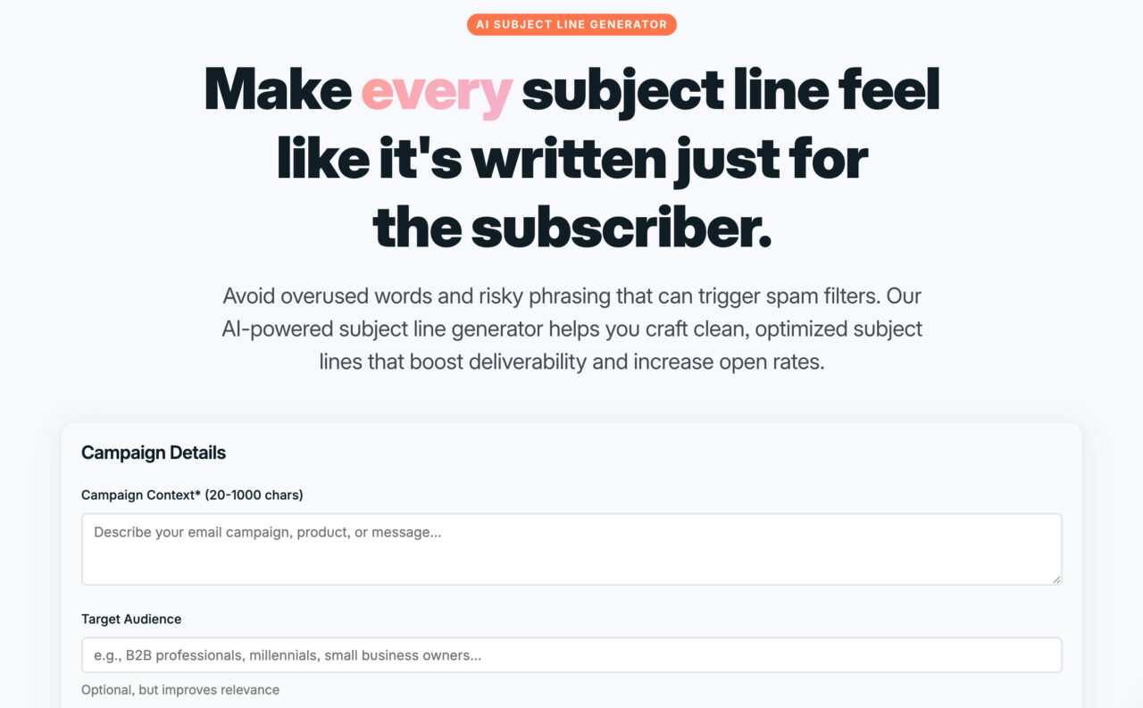 The landing page of Designmodo's free AI-powered subject line generator tool