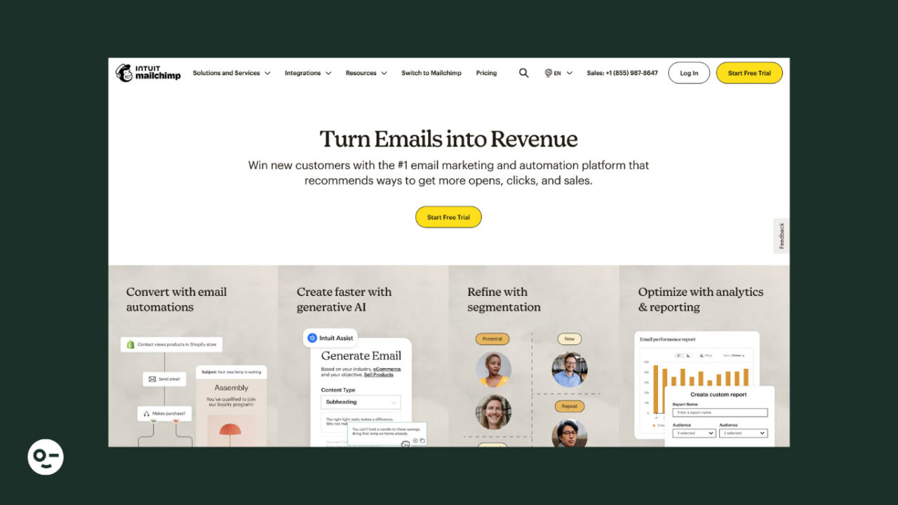 MailChimp's homepage as showing it's an email marketing platform