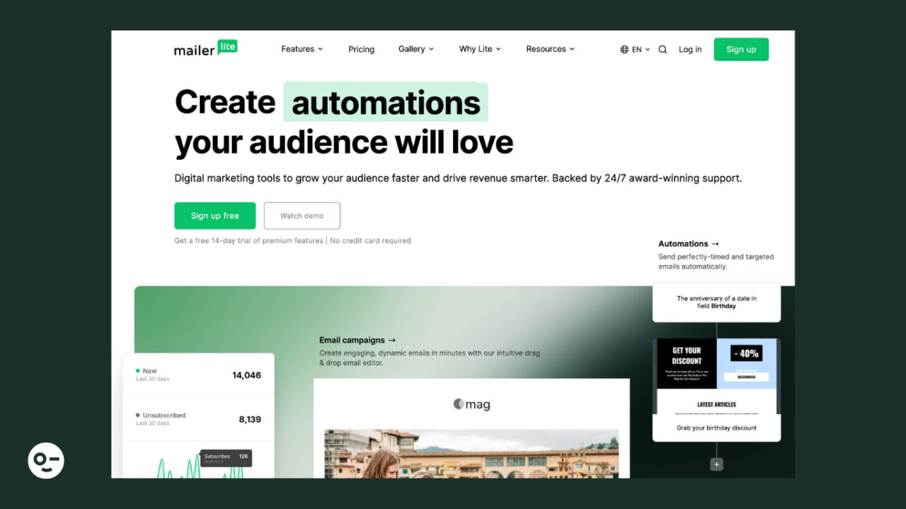 MailerLite's homepage as showing it's an email marketing platform