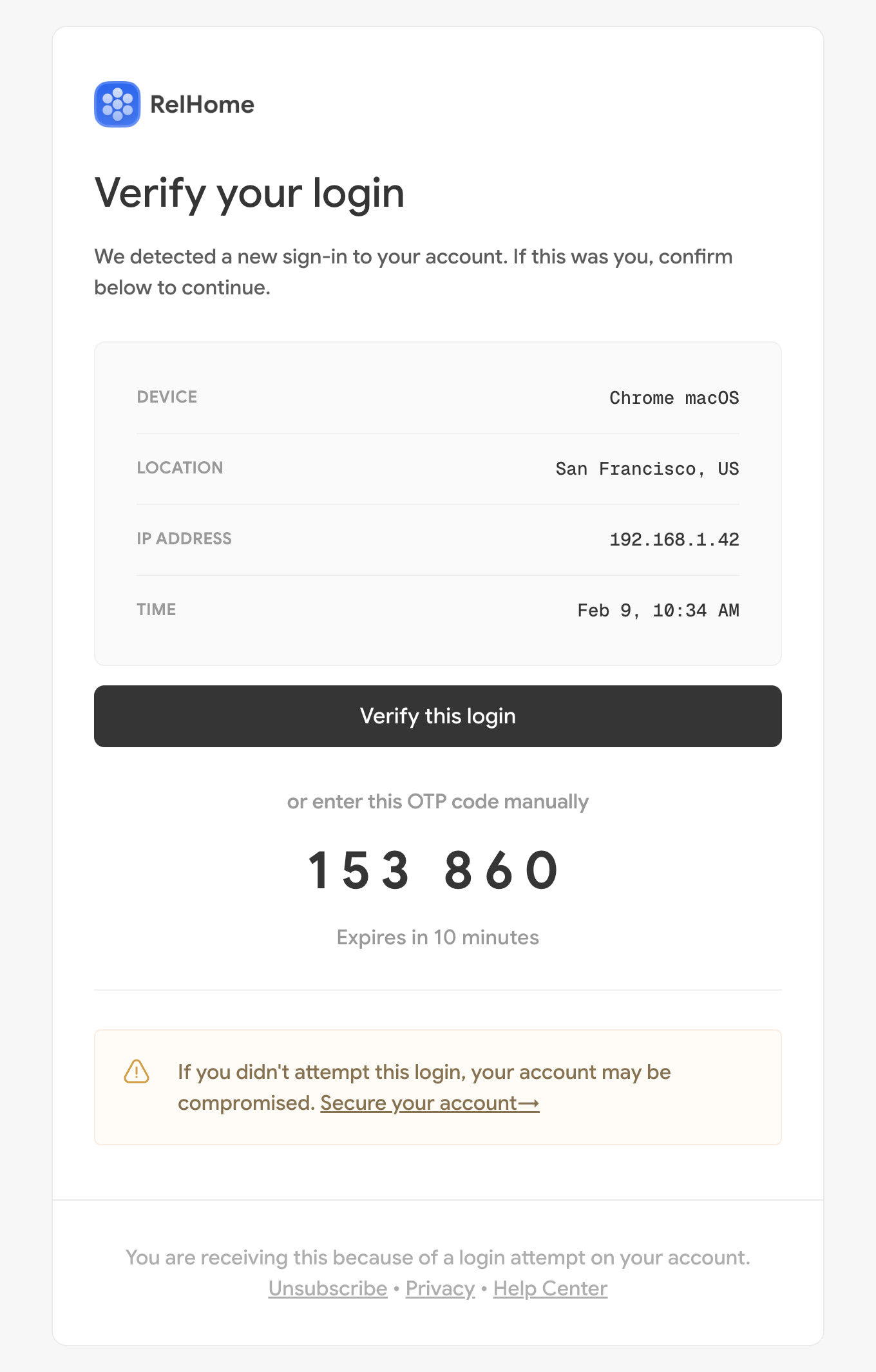 RelHome - OTP Login Verification Email Template