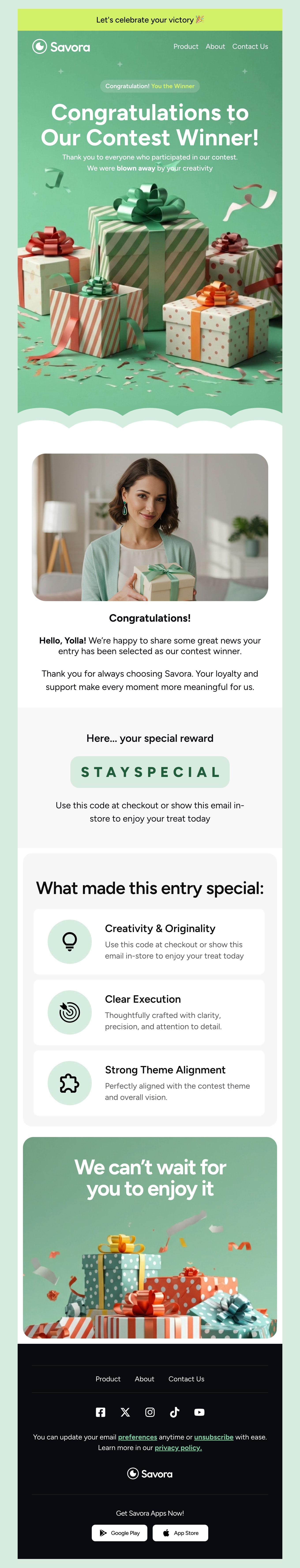 Savora - Contest Winner Announcement Email Template