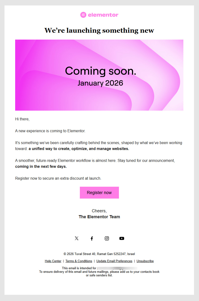 elementor's teaser email example