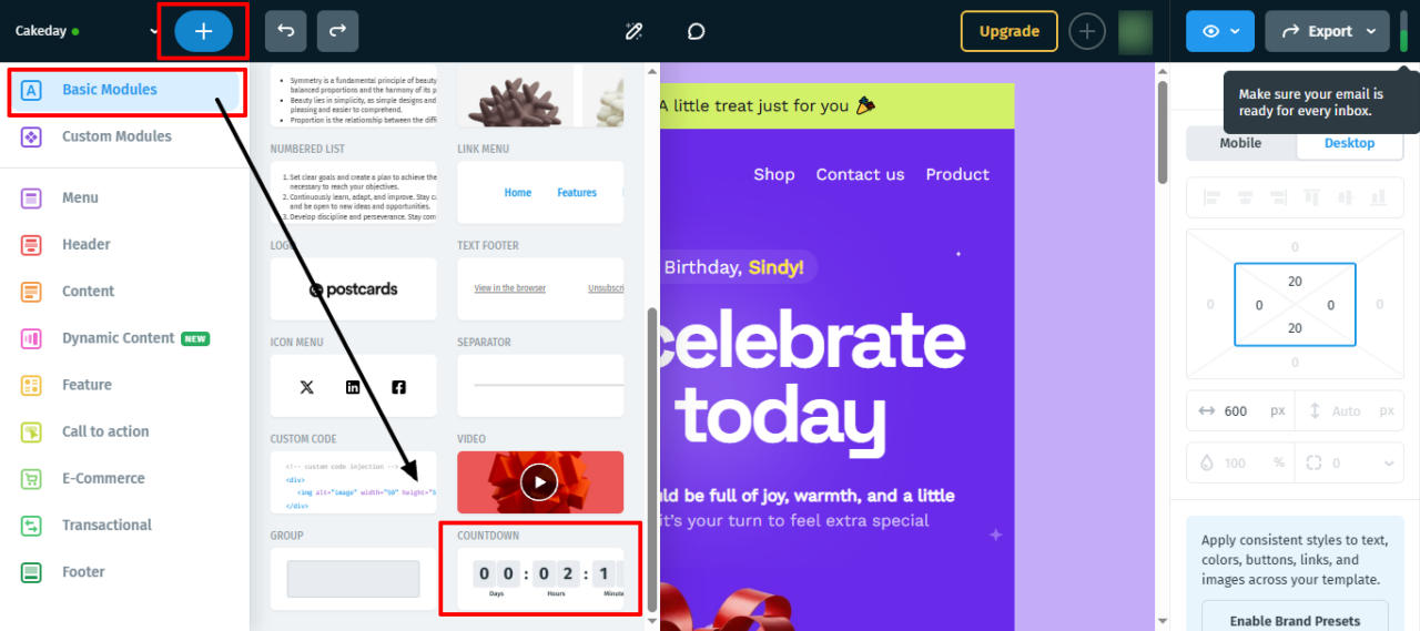 arrow pointing on contdown module among other modules in postcards editor